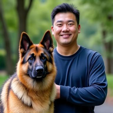 David Lim, Senior Trainer, with a German Shepherd