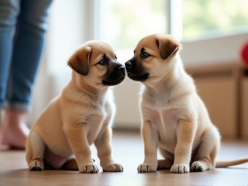 Two happy puppies playing together in a socialization class with a trainer nearby.